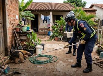 Bombeiros efetuando o resgate de um Tamanduá