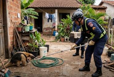 Bombeiros efetuando o resgate de um Tamanduá