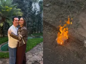Labubu: esposa de Régis Danese queima boneco após incêndio atingir casa da família