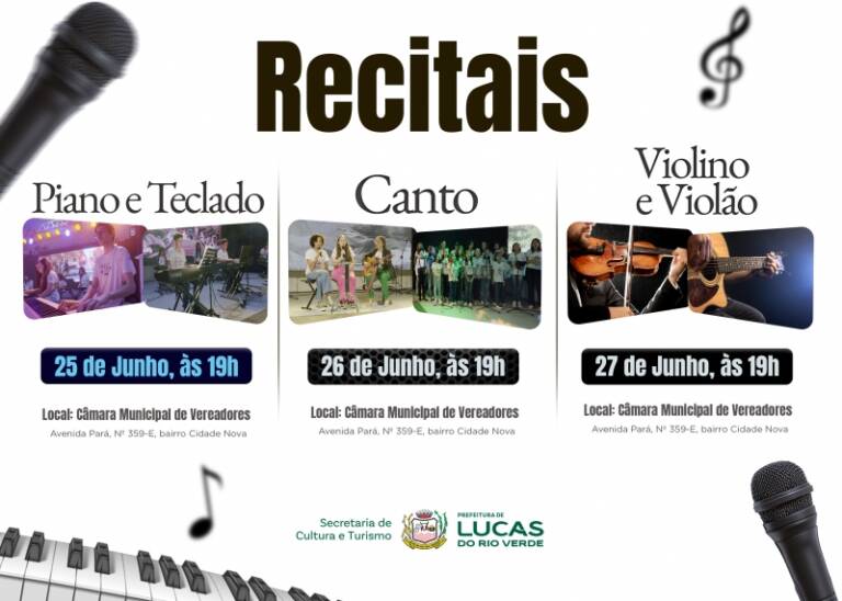 Música e cultura recitais das oficinas culturais acontecem nos dias 25, 26 e 27 de junho na Câmara