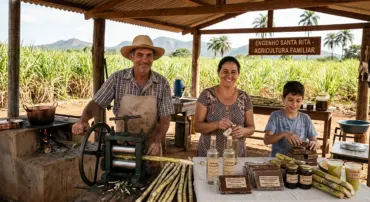 Foto de uma família de agricultores sorridentes — um homem com chapéu de palha e avental, uma mulher e um menino — em um engenho rústico sob um galpão de madeira. Sobre a mesa à frente, estão expostos produtos artesanais de cana-de-açúcar, como garrafas de cachaça, blocos de rapadura, potes de melado e copos de caldo de cana, tendo ao fundo um vasto canavial.