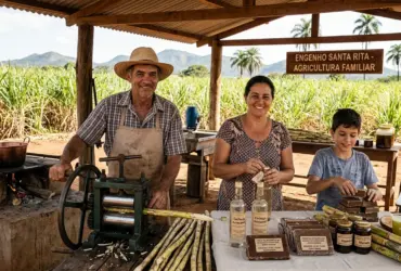 Foto de uma família de agricultores sorridentes — um homem com chapéu de palha e avental, uma mulher e um menino — em um engenho rústico sob um galpão de madeira. Sobre a mesa à frente, estão expostos produtos artesanais de cana-de-açúcar, como garrafas de cachaça, blocos de rapadura, potes de melado e copos de caldo de cana, tendo ao fundo um vasto canavial.