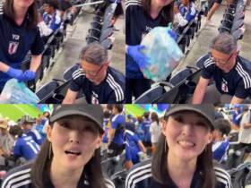 Japoneses limpando estadio