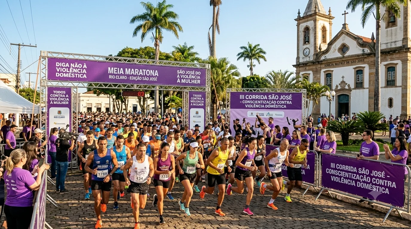 Atletas na linha de largada da 1ª Corrida pela Vida em praça pública de São José do Rio Claro, com faixas roxas de conscientização e combate à violência doméstica.