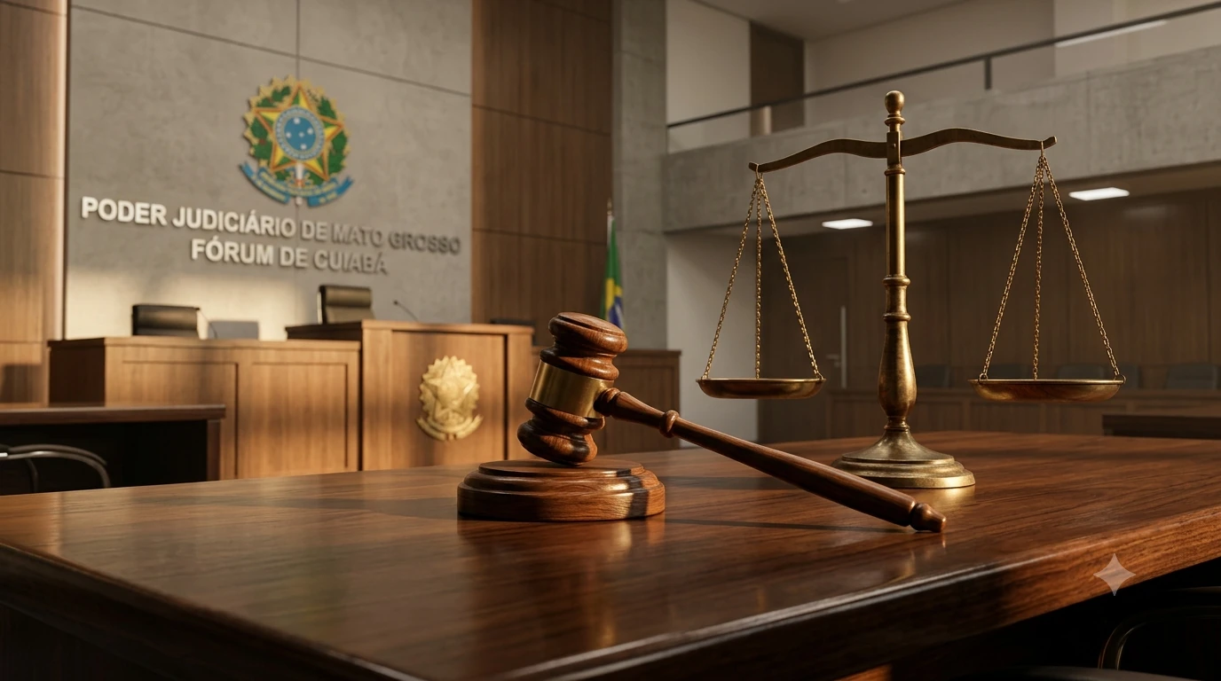 Martelo de juiz em madeira e balança da justiça dourada sobre mesa polida no Fórum de Cuiabá.