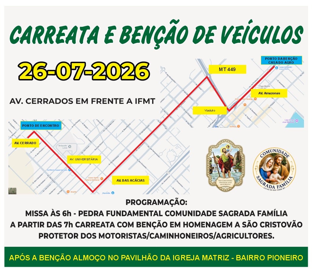 Carreata e bênção de veículos marcam celebração de São Cristóvão em Lucas do Rio Verde neste domingo