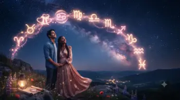 Casal observando o céu estrelado com os símbolos dos 12 signos do zodíaco representando as energias do amor no primeiro fim de semana de julho.