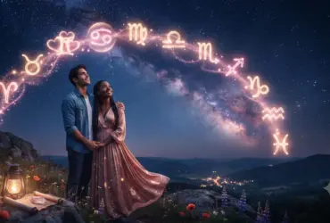 Casal observando o céu estrelado com os símbolos dos 12 signos do zodíaco representando as energias do amor no primeiro fim de semana de julho.