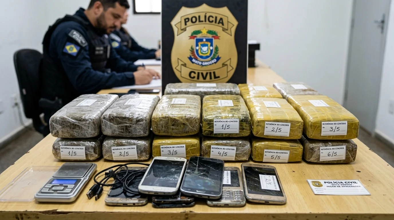 Mesa de apreensão com diversos tabletes de maconha embalados em plástico, balança de precisão, telefones celulares e o brasão da Polícia Civil ao fundo.