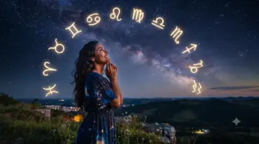 Mulher contemplando o céu diante dos símbolos dos 12 signos do zodíaco representando as previsões para o primeiro fim de semana de julho.