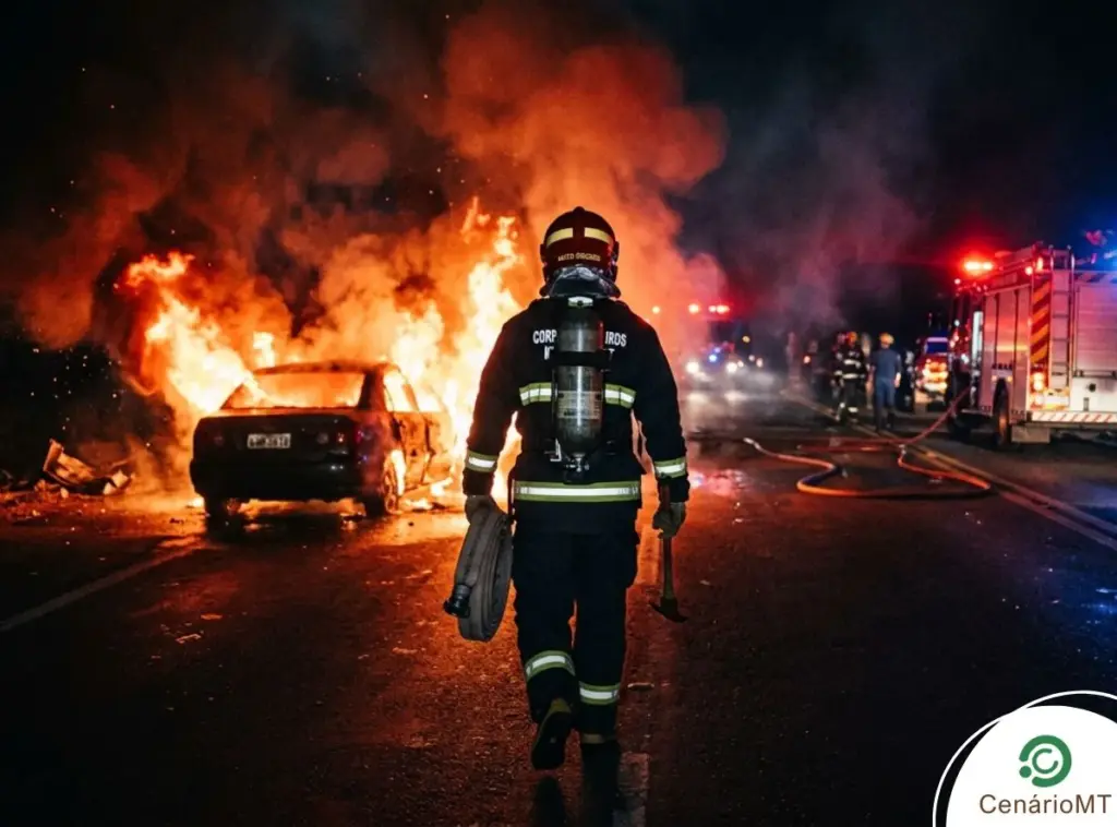 Corpo de Bombeiros combate incêndio que destruiu carro em Sorriso