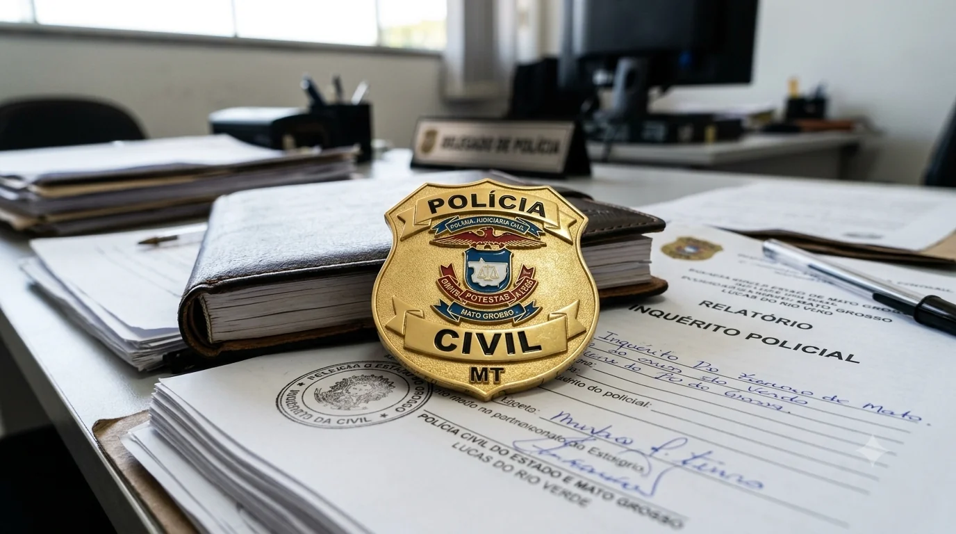 Brasão da polícia civil em cima de documentos