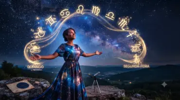 Mulher observando um céu estrelado diante dos símbolos do zodíaco representando as mudanças astrológicas entre domingo e segunda-feira.