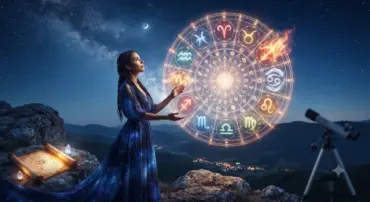 Mulher observando uma mandala do zodíaco representando a energia de cada signo no primeiro fim de semana de julho.