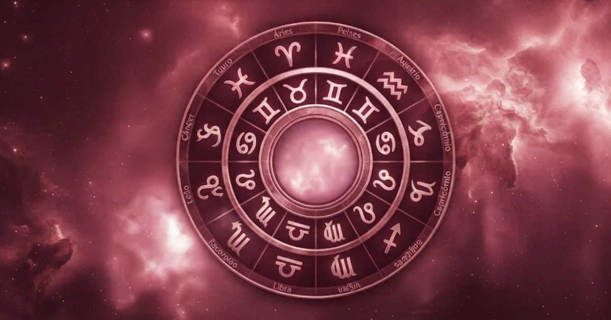 12 signos do zodíaco representados em uma imagem rosa com o circulo dos zodíacos