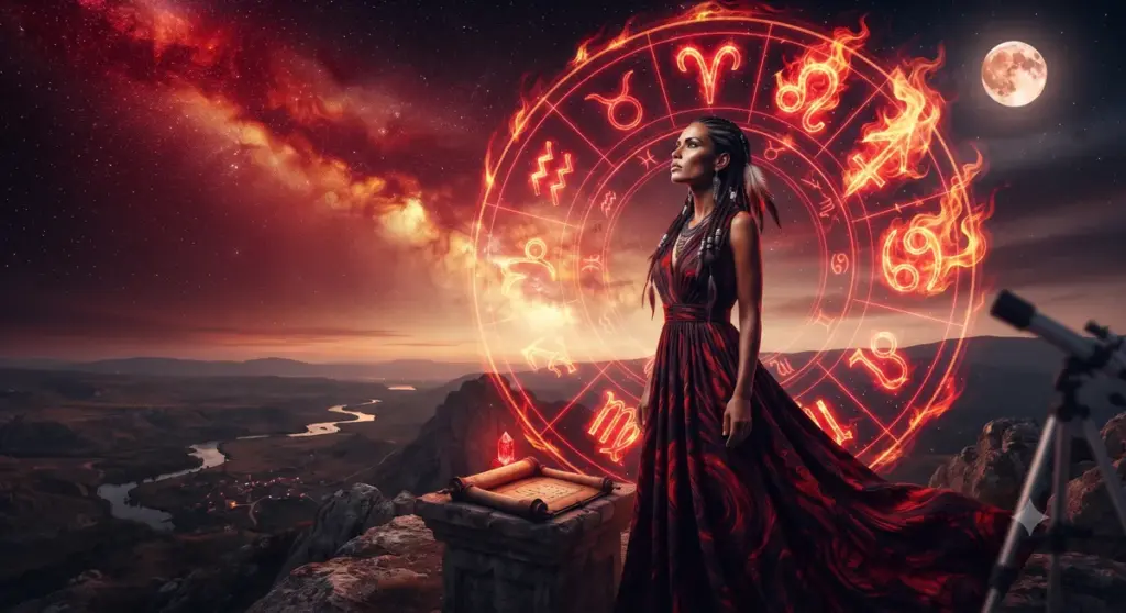 Mulher observando o céu estrelado diante dos símbolos do zodíaco representando o novo ciclo dos signos entre domingo e segunda-feira.