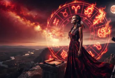 Mulher observando o céu estrelado diante dos símbolos do zodíaco representando o novo ciclo dos signos entre domingo e segunda-feira.