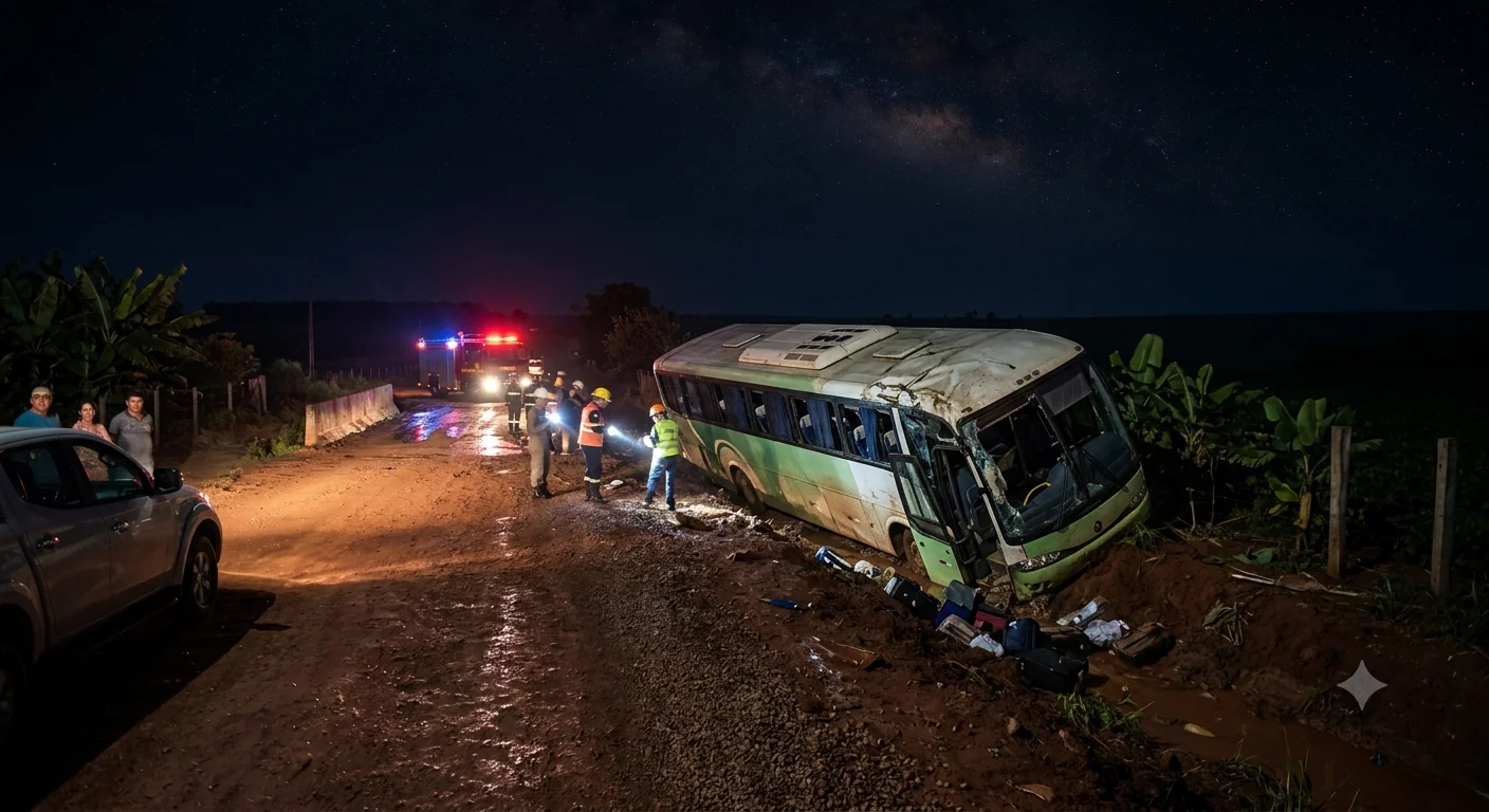 Ônibus de viagem verde e branco tombado à beira de uma estrada de terra rural à noite, cercado por equipes de resgate e vegetação.