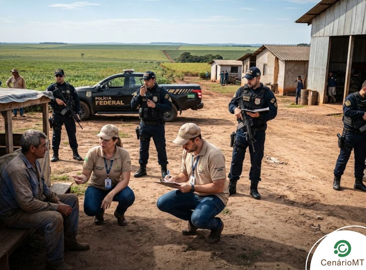 Policiais federais investigando fazenda