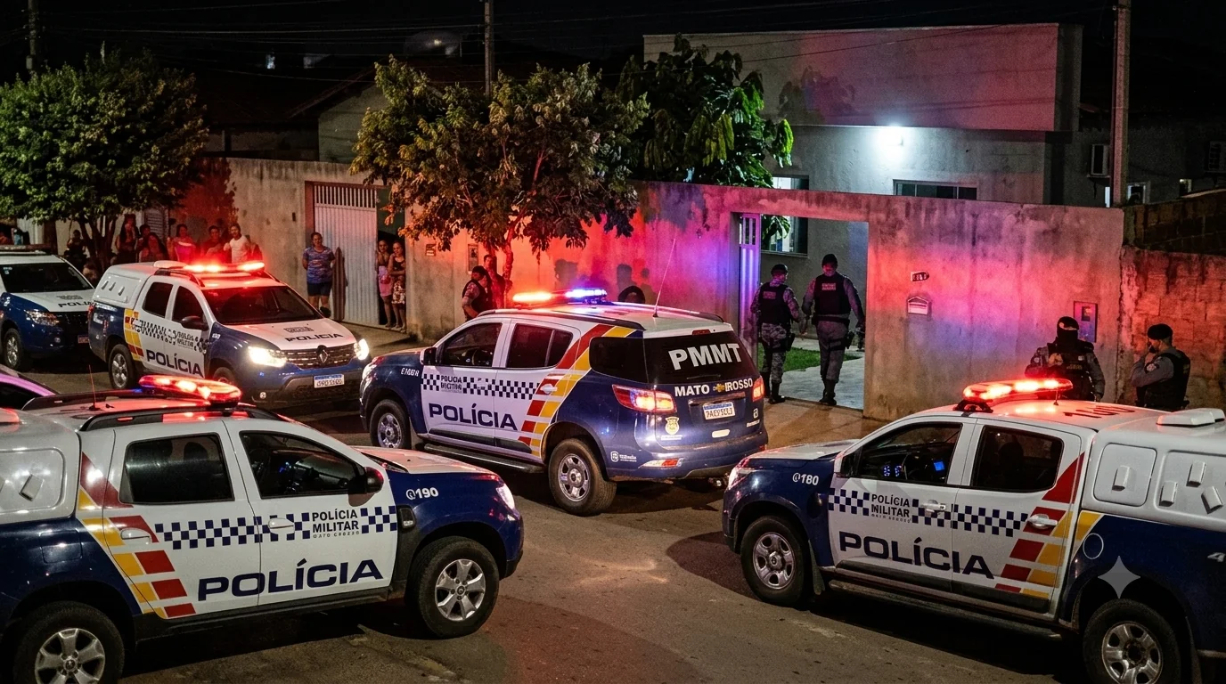 Várias viaturas da PM de Mato Grosso estacionadas em frente à casa em bairro residencial de Cuiabá