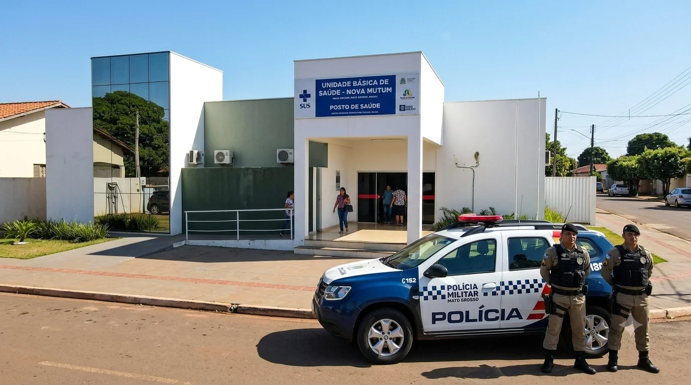 Polícia Militar em frente à clínica de Nova Mutum