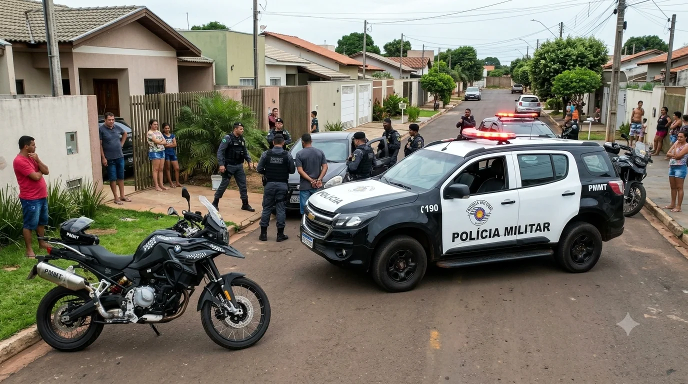 Viatura e policiais militares parados no meio da rua durante comoção