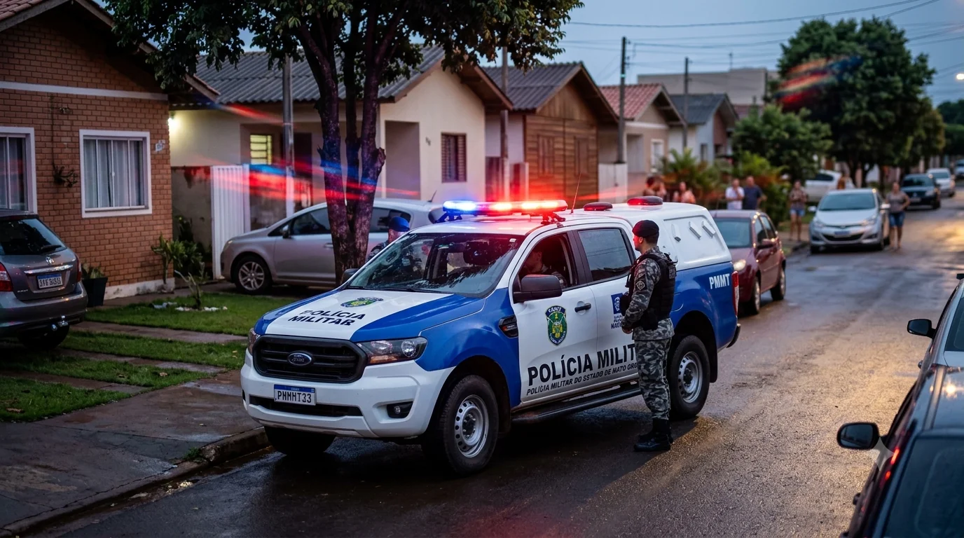 Policial militar parado ao lado de viatura