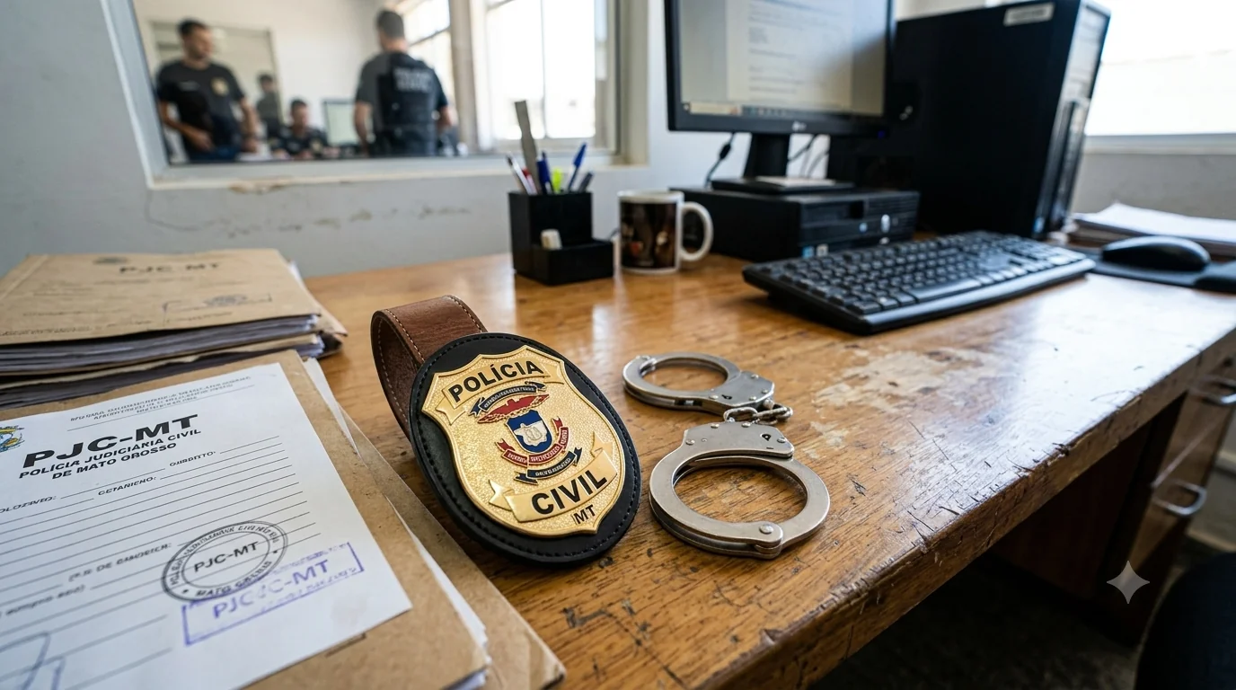 Foto de algemas e distintivo da polícia civil em mesa