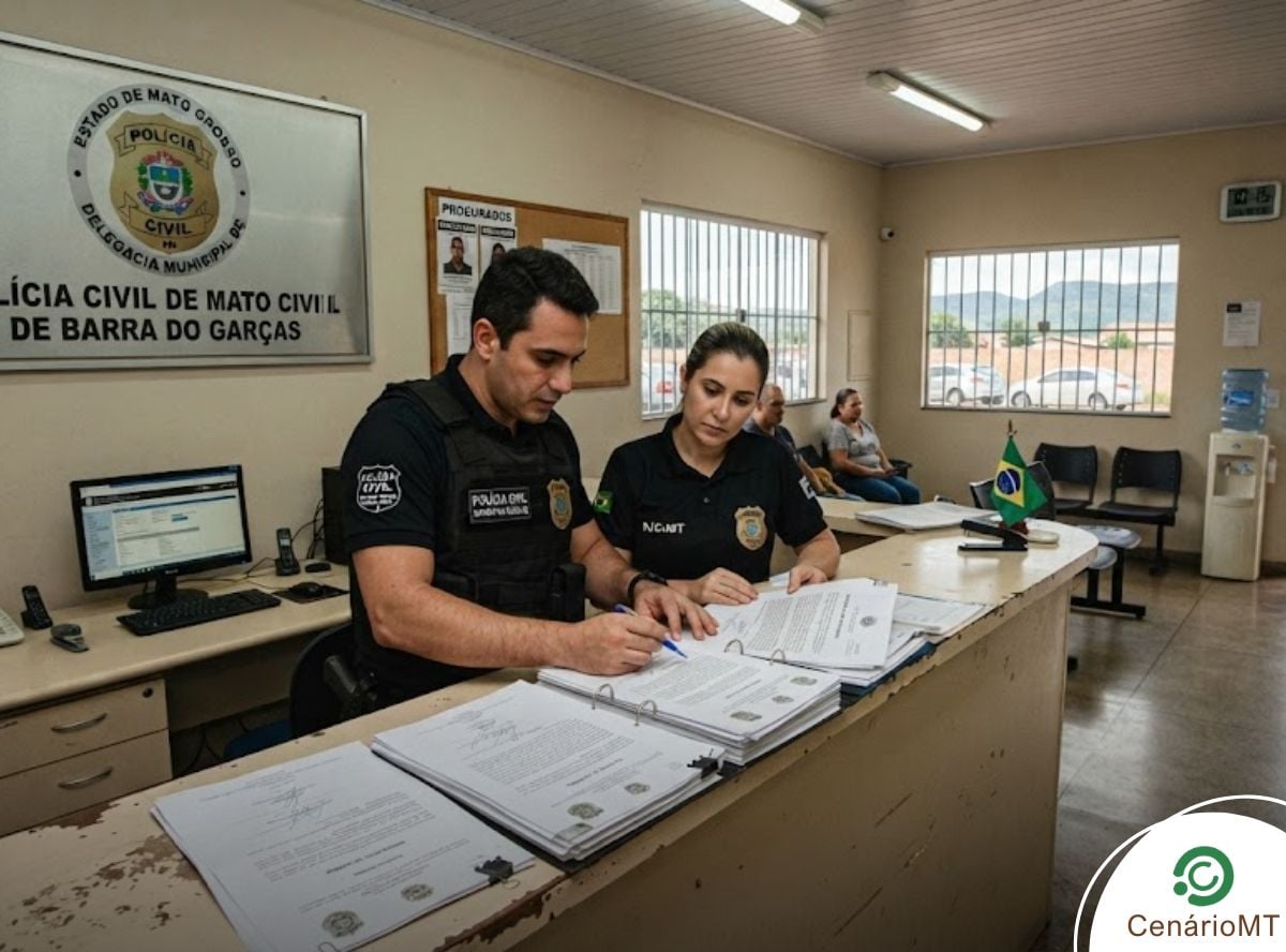 Policiais civis verificando mandados de prisão