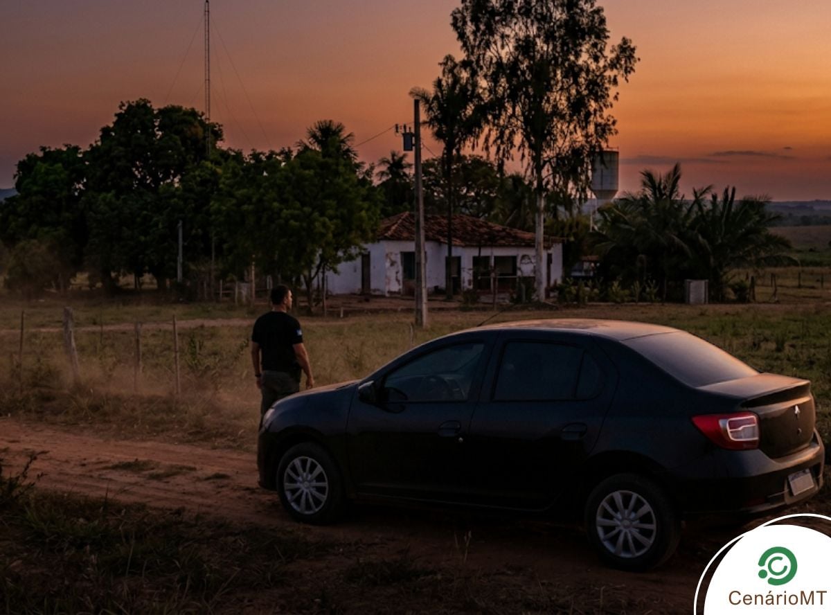 Policial ao lado de carro em frente à chácara