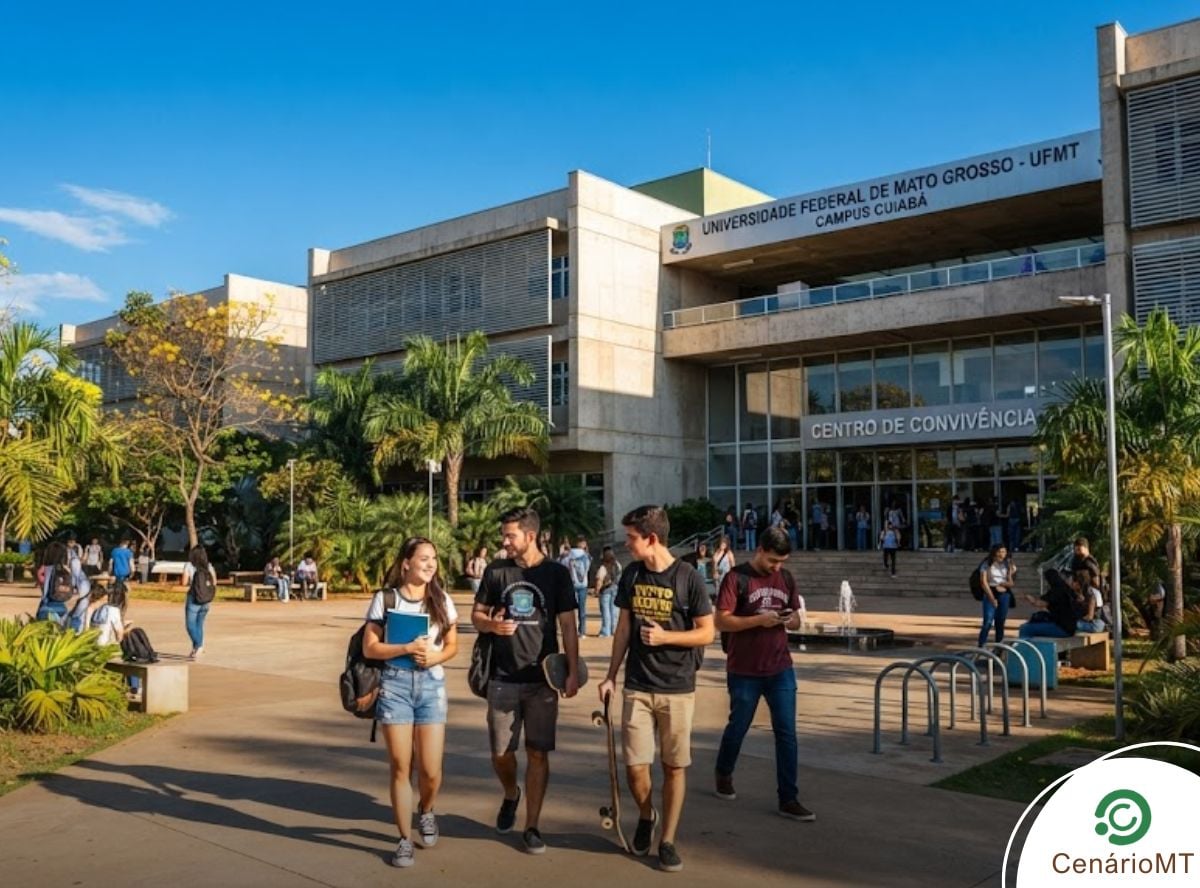 Foto da frente de uma universidade, com estudantes caminhando