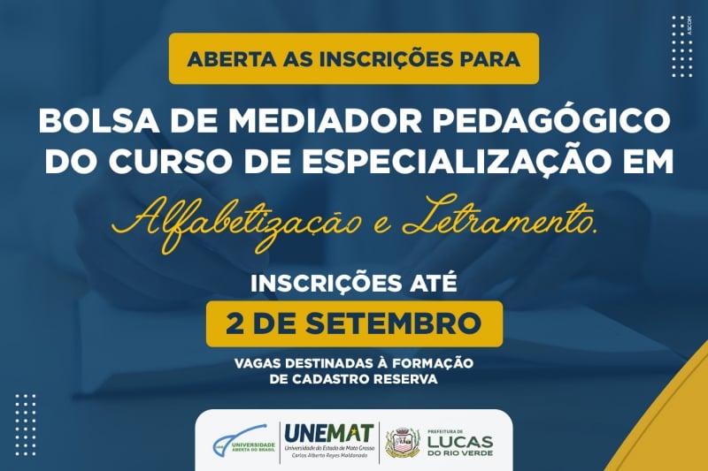 UAB Unemat abre inscrições para bolsa de mediador pedagógico em curso de especialização em Alfabetização e Letramento