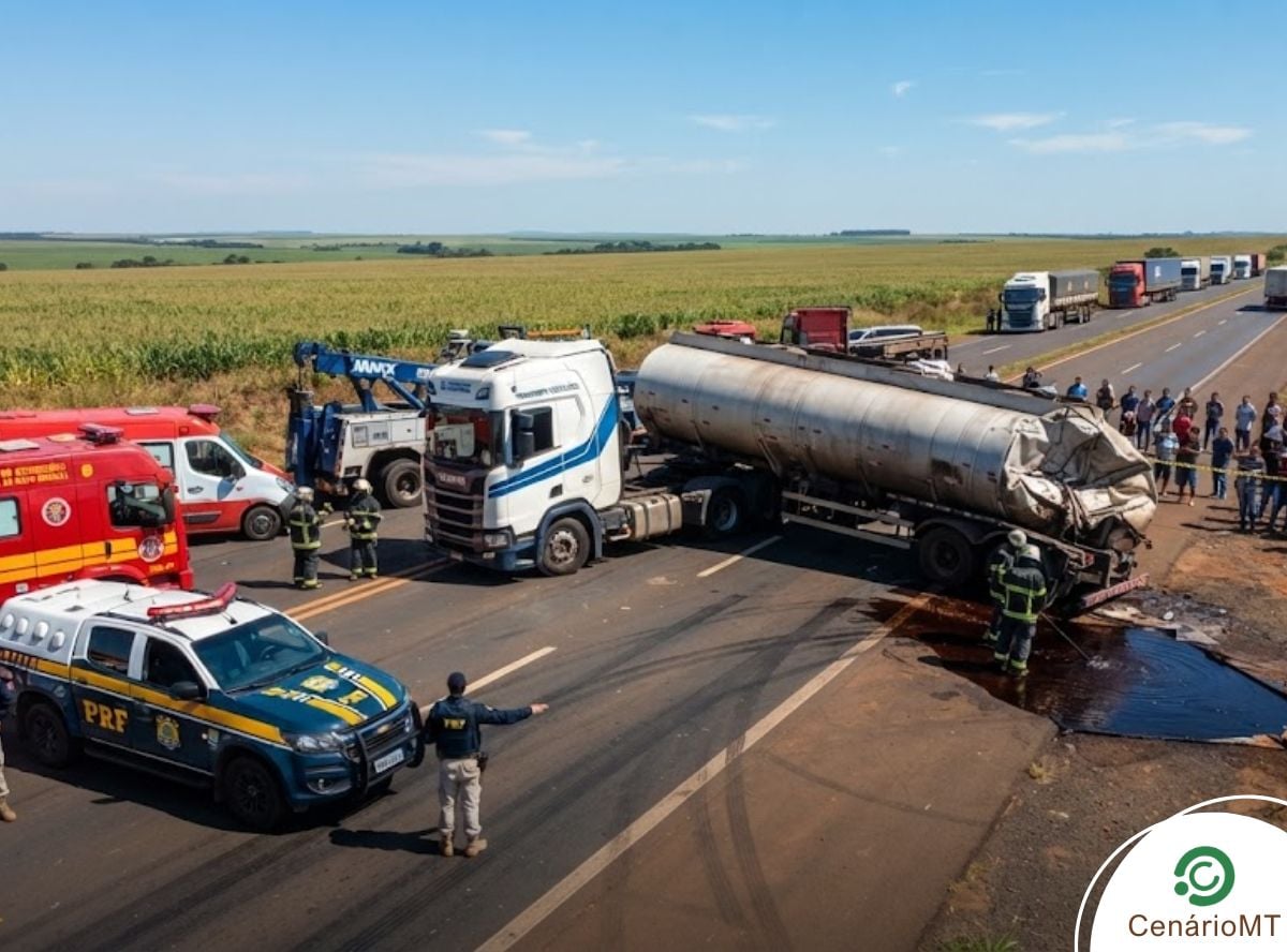 Caminhão tanque acidentado em rodovia de MT