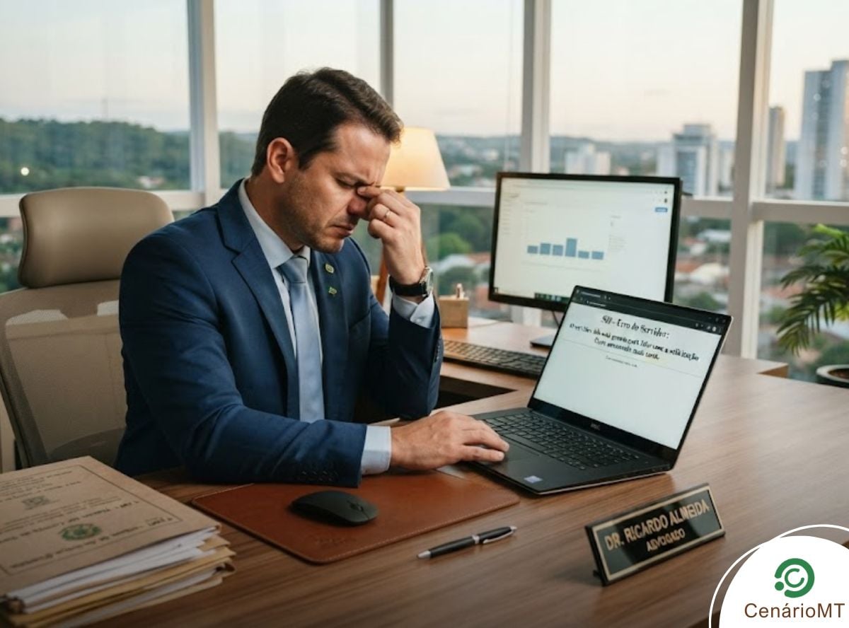 Advogado estressado com sistema no computador