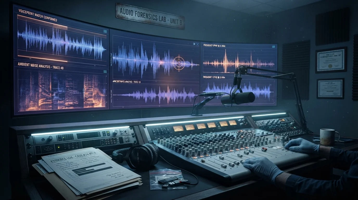 Equipamento de gravação de áudio em estúdio com gráficos digitais de onda sonora ao fundo