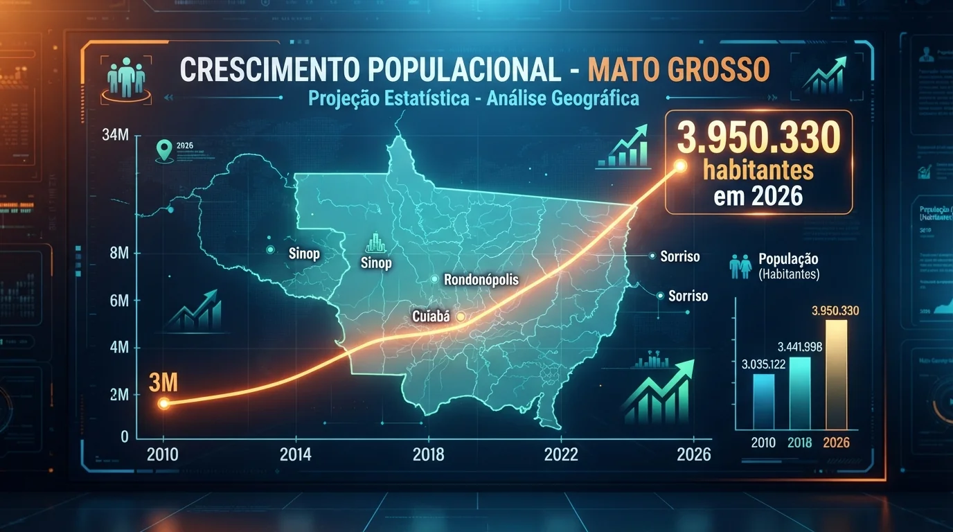 Mato Grosso chega a 3,95 milhões de habitantes em 2026, mas IBGE aponta queda populacional em mais de 35% dos municípios