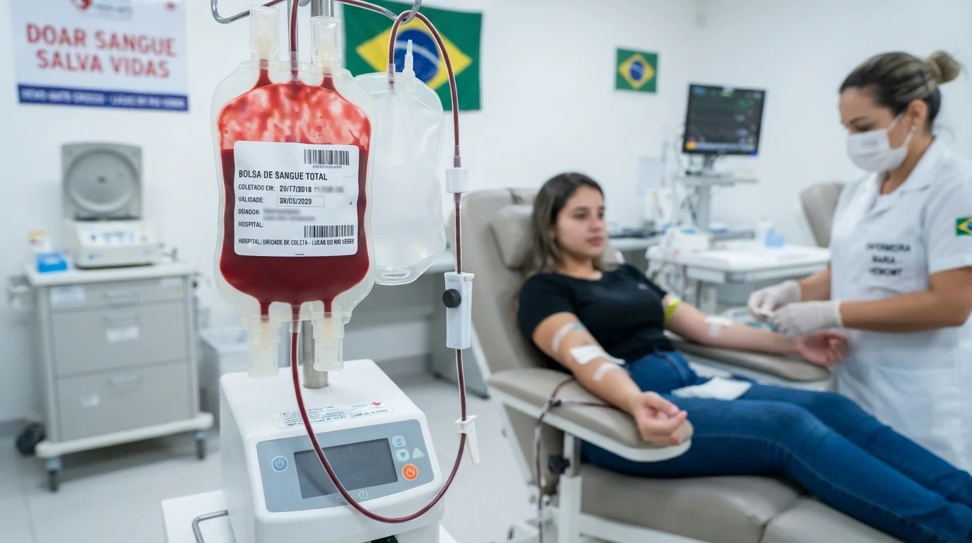 Bolsa de sangue coletada em ambiente hospitalar com equipamentos médicos