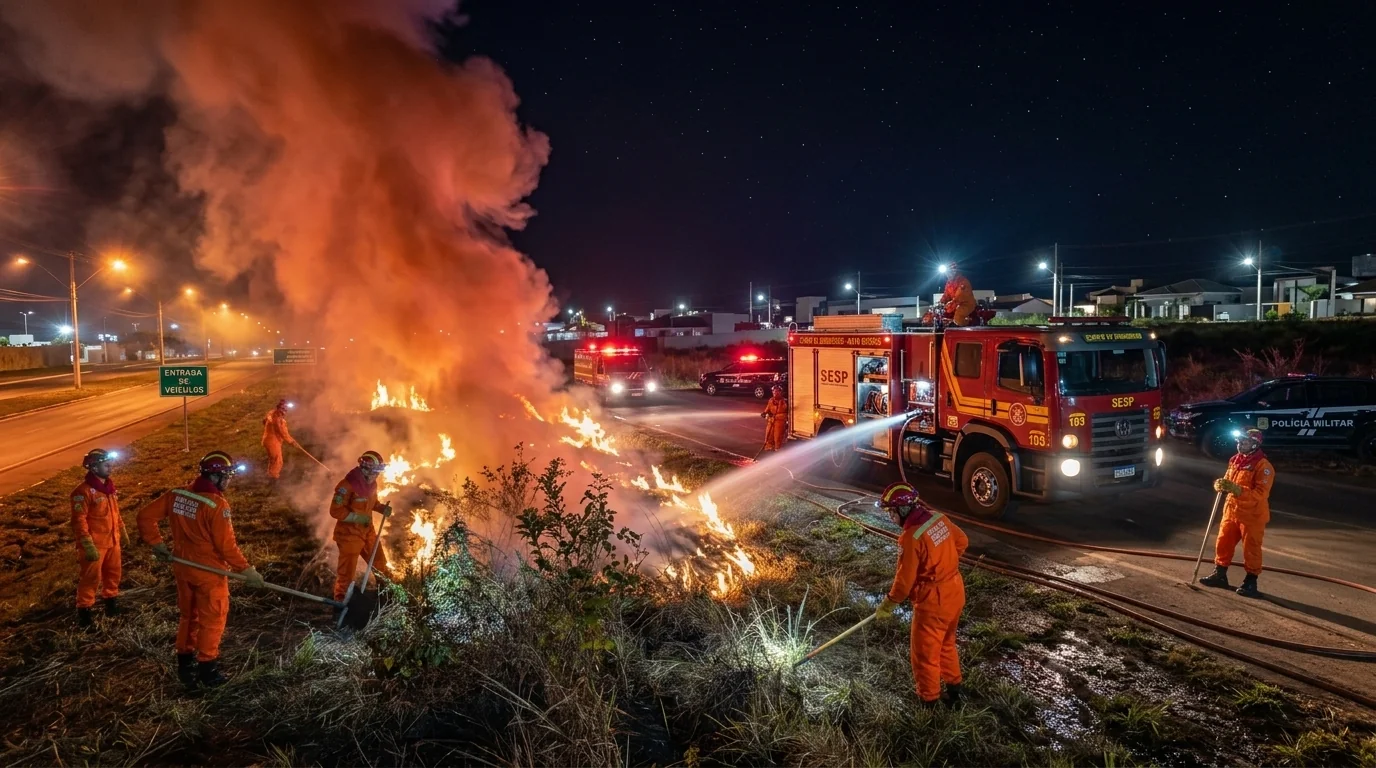 Corpo de Bombeiros combate incêndio em área de vegetação no Parque Urbano Recanto do Sol em Campo Verde