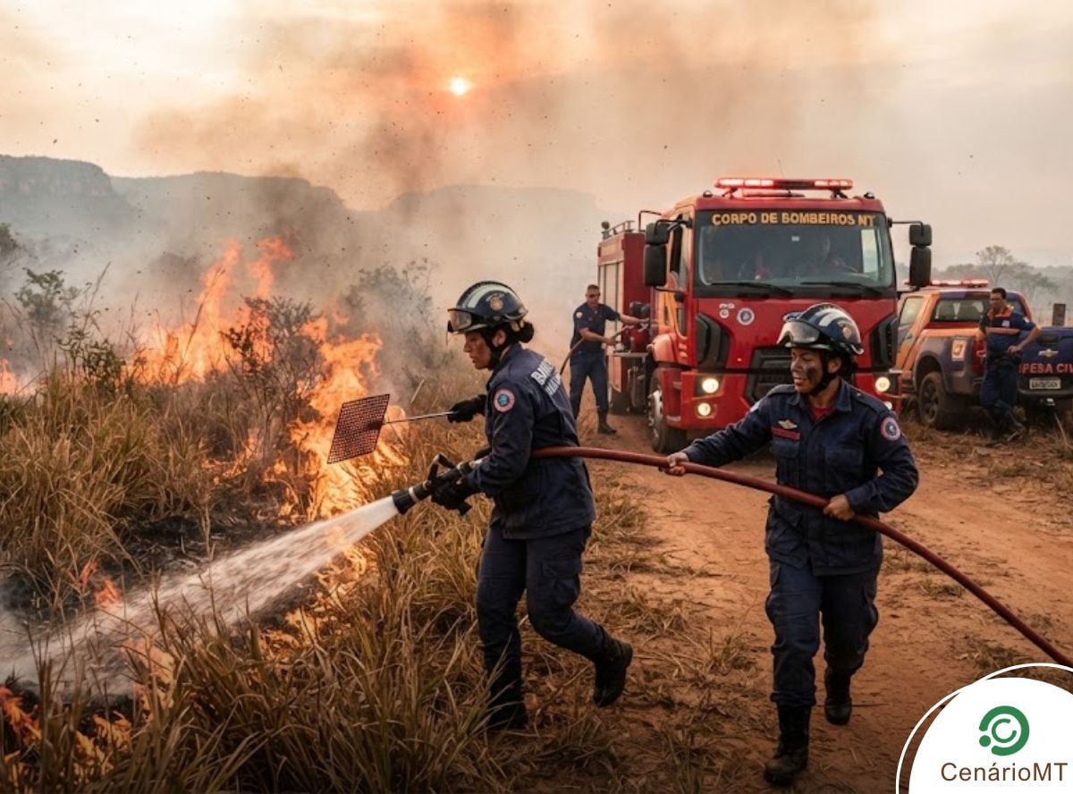 Bombeiros combatendo fogo em vegetação