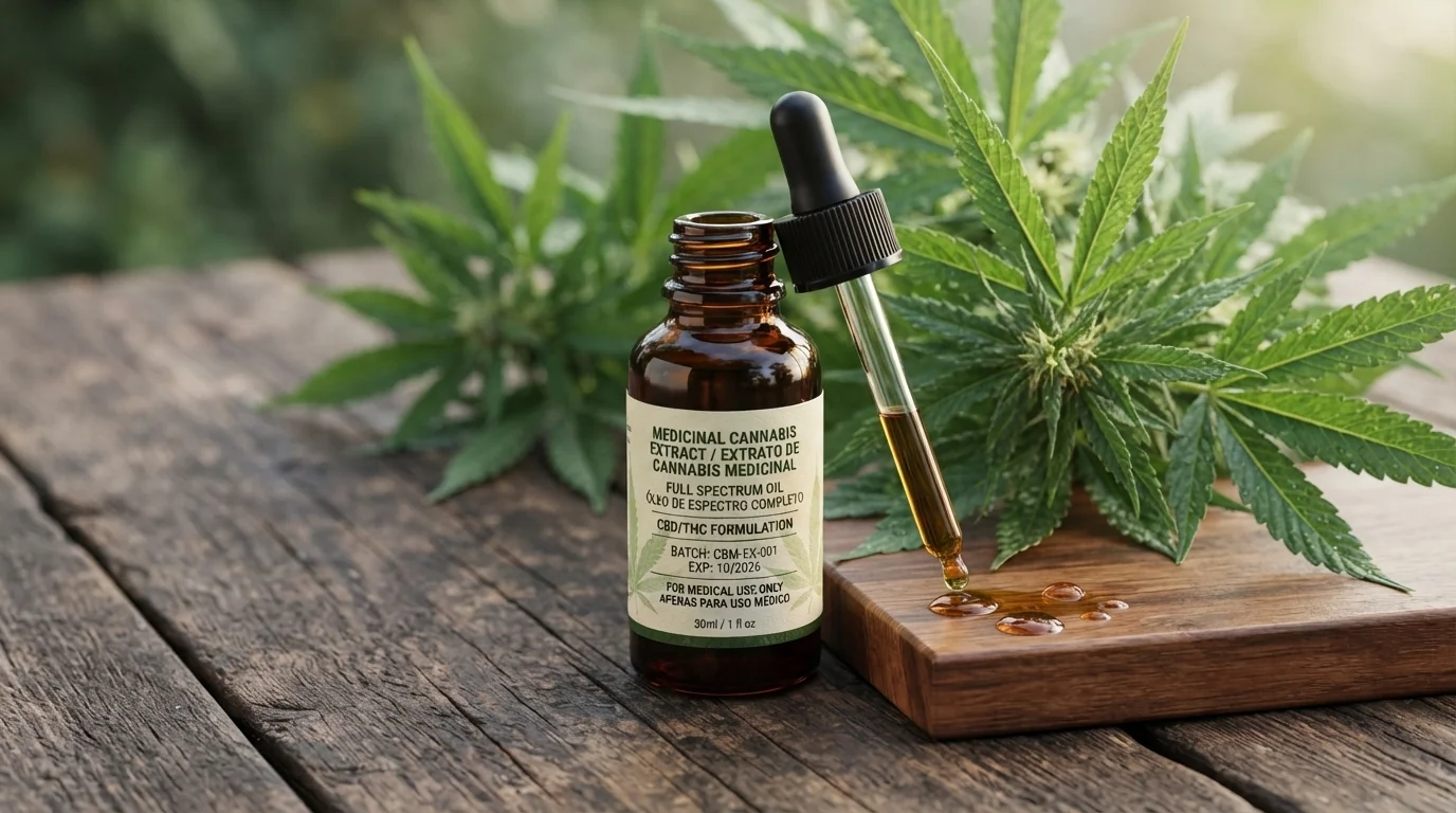 Frasco de extrato de cannabis medicinal com conta-gotas sobre superfície de madeira e folhas da planta ao fundo