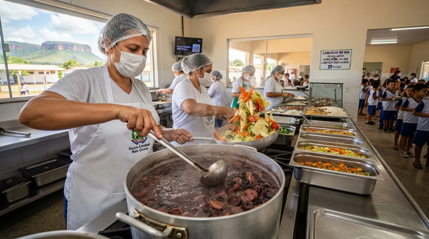 Cozinheiras de escola preparando feijoada para as crianças