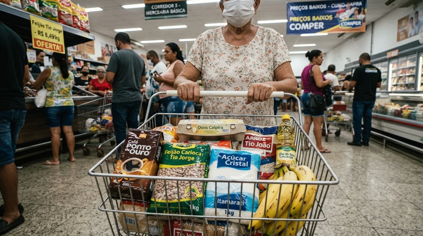 Foto de mulher com carrinho de compras cheio de alimentos que compõe a cesta báscia