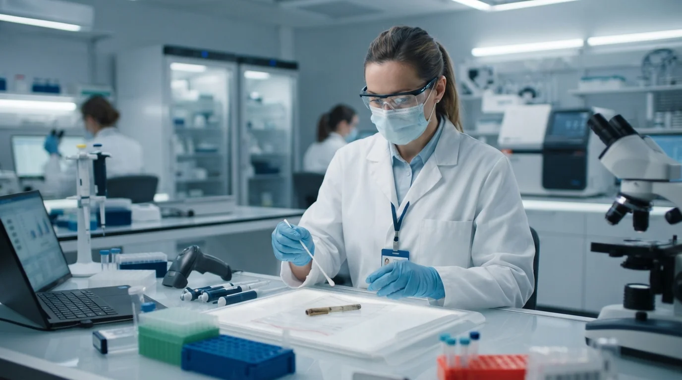 Profissional de saúde realizando coleta de material genético em laboratório forense