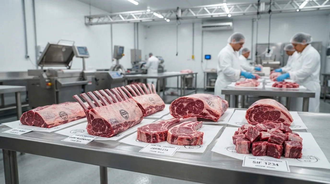 Cortes nobres de carne ovina inspecionada em ambiente de frigorífico moderno