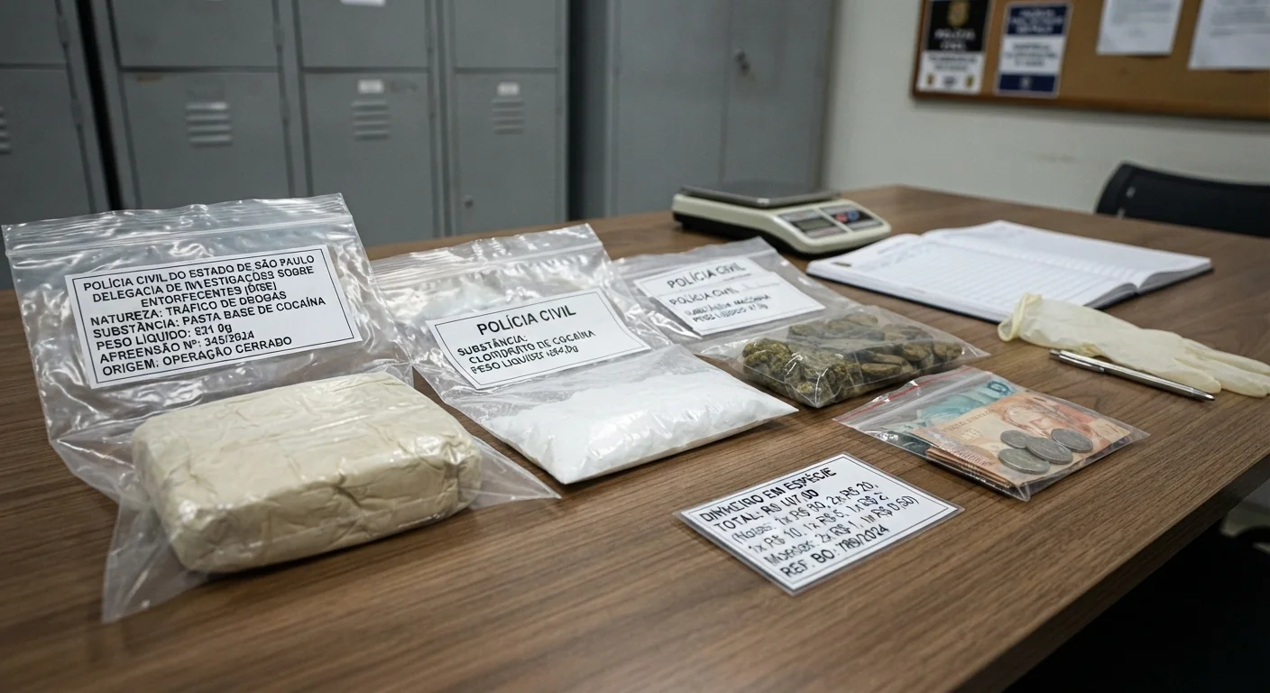 521 gramas de pasta base de cocaína, 284 gramas de cloridrato de cocaína, 57 gramas de maconha e R$ 107 em espécie em mesa de apreensões da polícia civil