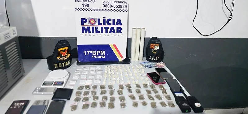 Pai é preso e filho adolescente apreendido pela PM com 130 porções de drogas em Mirassol d’Oeste