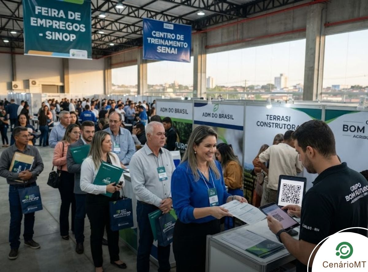 Feira de empregos com uma fila de pessoas entregando currículos