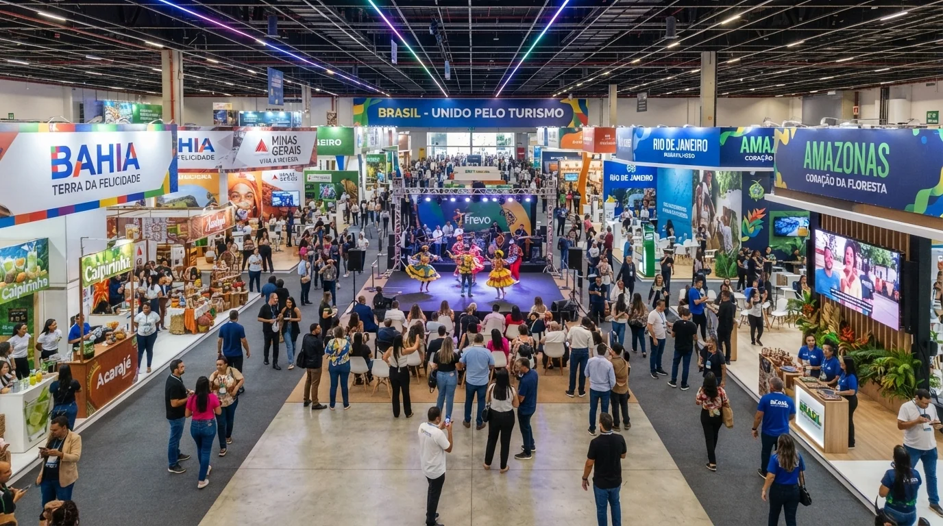Feira de turismo estruturada com estandes institucionais, apresentações culturais e público circulando em pavilhão amplo