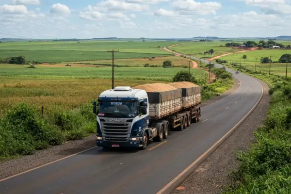 Caminhão bitrem carregado de grãos trafegando em rodovia pavimentada cercada por lavouras em Mato Grosso