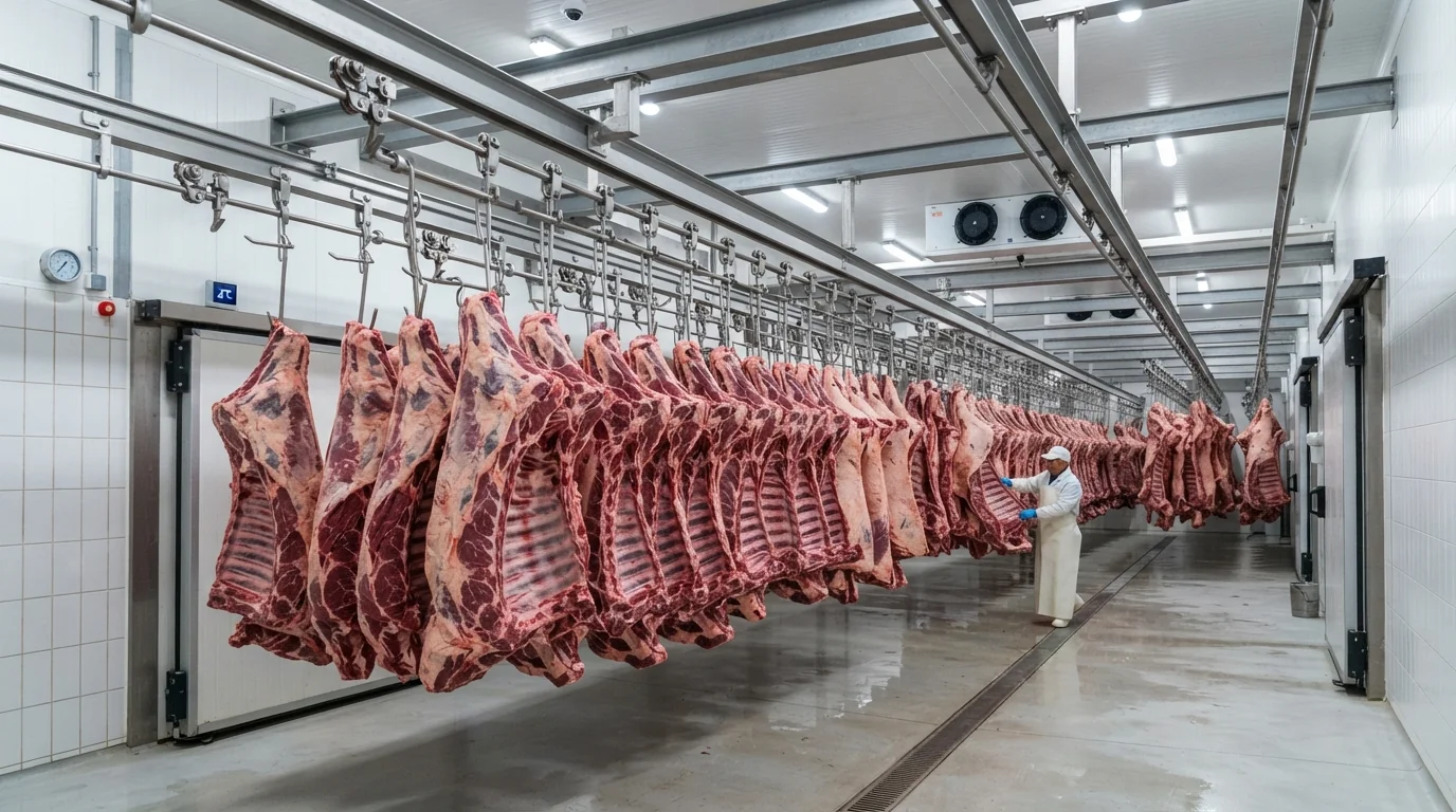 frigorífico com carnes penduradas